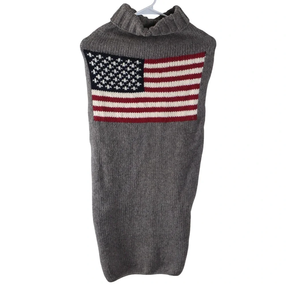 Chilly Dog American Flag Wool Dog Sweater Grey Hand Knit Large Pet Apparel